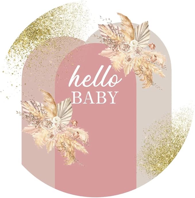 AOFOTO 5x5ft Boho Baby Shower Round Backdrop Cover Bohemian Chic Pink Arch Cover with Flowers Hello Baby Theme Photography Background Newborn Birthday Party Decorations Banner Photo Booth Props