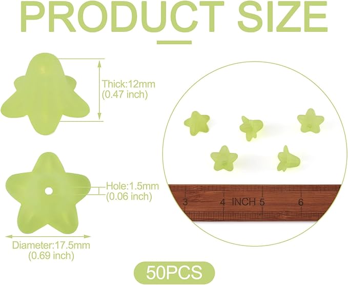 Crafans 50Pcs Frosted Acrylic Flower Beads 17.5x12x1.5mm Transparent Floral Pendants Clear Flower Bead Caps Loose End Spacer Beads for Jewelry Making (Green)