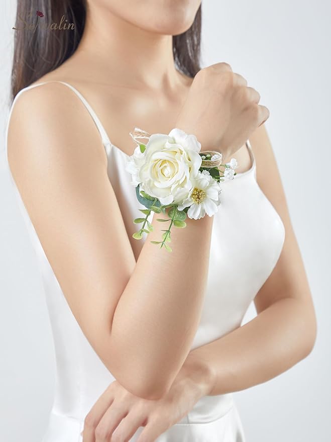 Serwalin 6 PCS Ivory Rose Wrist Corsages for Wedding, Corsages for Prom Homecoming Party Corsage Hand Decor for Bride Bridesmaids, Mother of Bride and Groom