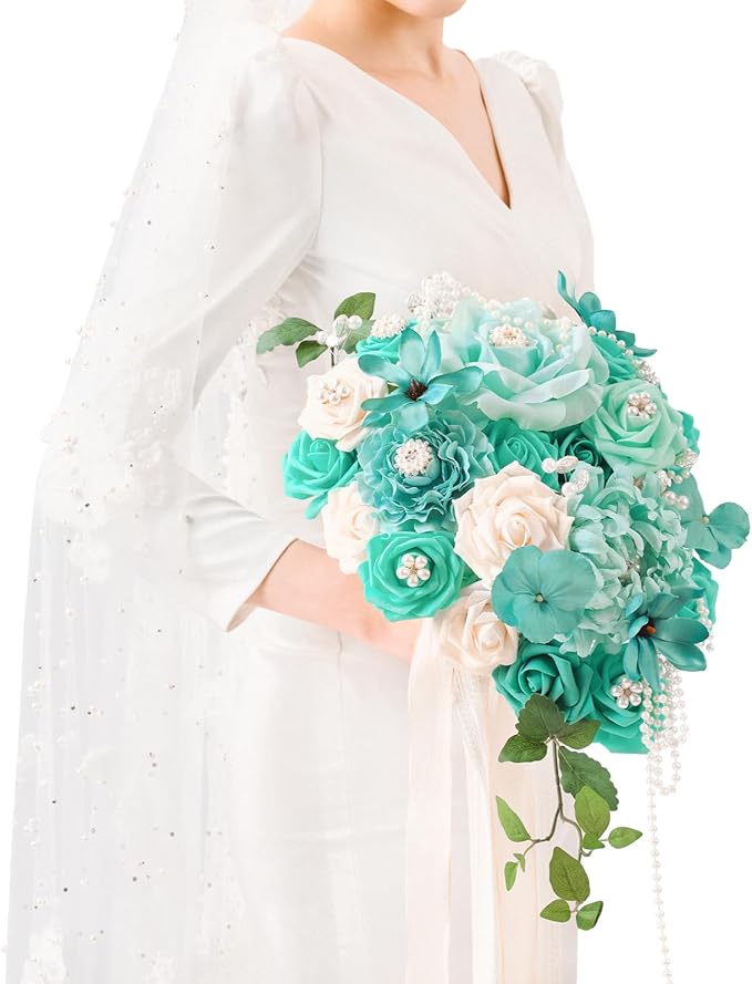 TINGE TIME 11 Inch Wedding Bouquets for Bride, Teal Green & Champagne Artificial Flowers Bouquet, Brides & Bridesmaids Bouquet for Wedding Anniversary Ceremony Bridal Shower Decorations