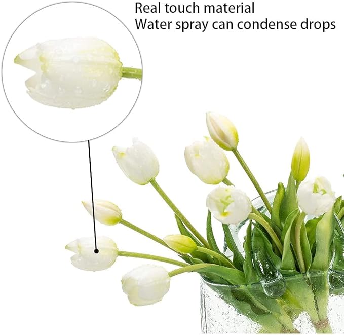 15pcs Artificial Tulips Flowers, Real Touch Latex Bouquet, Fake Tulips for Office Wedding Party Home Kitchen Garden Decoration(White,15pcs)