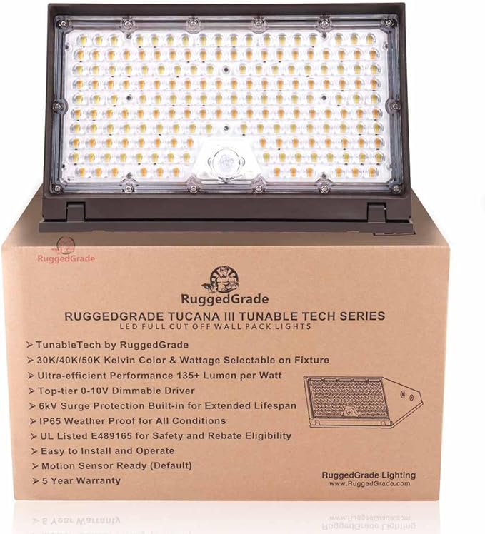 RuggedGrade 120W - Tucana III TunableTech Series - 17,200 Lumens - LED Wall Pack Light with Photocell & Motion Sensor - Color Selectable 3000K/4000K/5000K - Outdoor LED Light - DLC 5.1 Premium