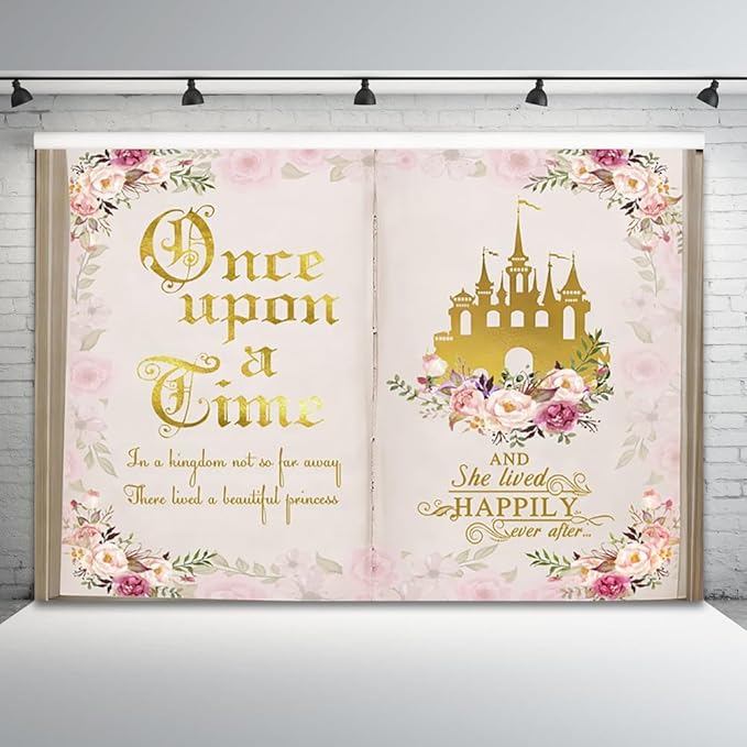 8x6ft Once Upon a Time Backdrop Fairy Tale Books Pink Floral Princess Castle Photography Background Romantic Wedding Birthday Party Banner Decorations Cake Table Decor