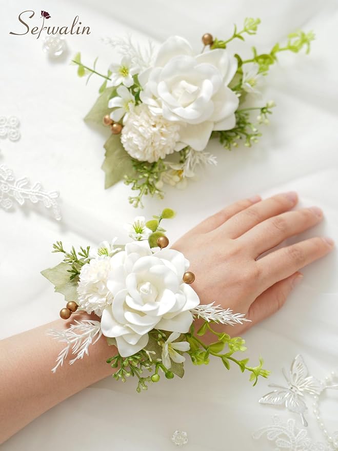 Serwalin Ivory White Wrist Corsage and Boutonniere Set 2pcs, 6-7inch Boutonniere for Men, Corsage Wristlet Wristband Prom Flower Wedding Flowers Accessories Prom Suit Decorations