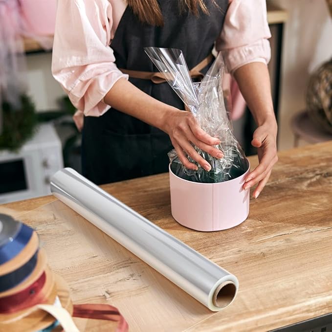 POPGIFTU 148 ft Clear Cellophane Wrap Roll (34 in x 148 ft)-3 Mil Thicken Cellophane Roll, Large Clear Wrapping Paper to Flower Gift Baskets Wrap, Gift Basket Wrapping Supplies