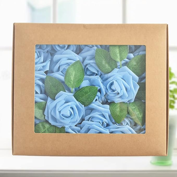 homEdge Artificial Rose, 25pcs Foam Artificial Flowers with Stem for Home Decorations, Wedding Bouquets, Party, Certerpieces, Anniversaries-Aqua Blue