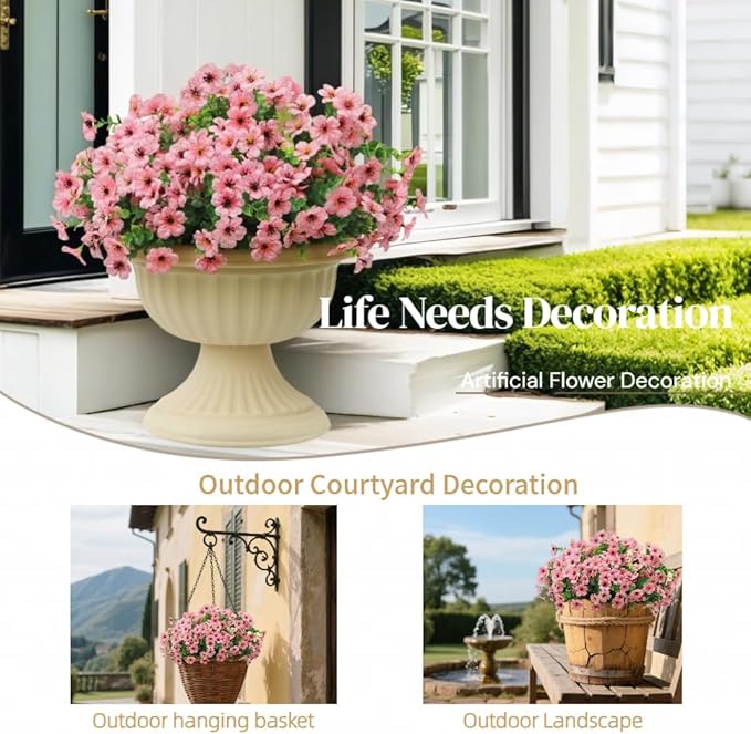 12 Bundles Artificial Flowers for Outdoor, UV Resistant Faux Mums with Eucalyptus Leaves Fake Plants for Outdoor Planters Greenery Boxwood Porch Patio Decoration