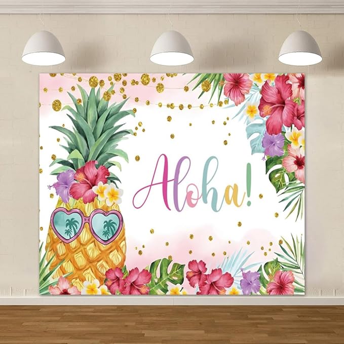 Summer Aloha Luau Party Backdrop 10x8ft, Hawaiian Palm Leaves Floral Pineapple Banner Happy Birthday Photo Photography Supplies