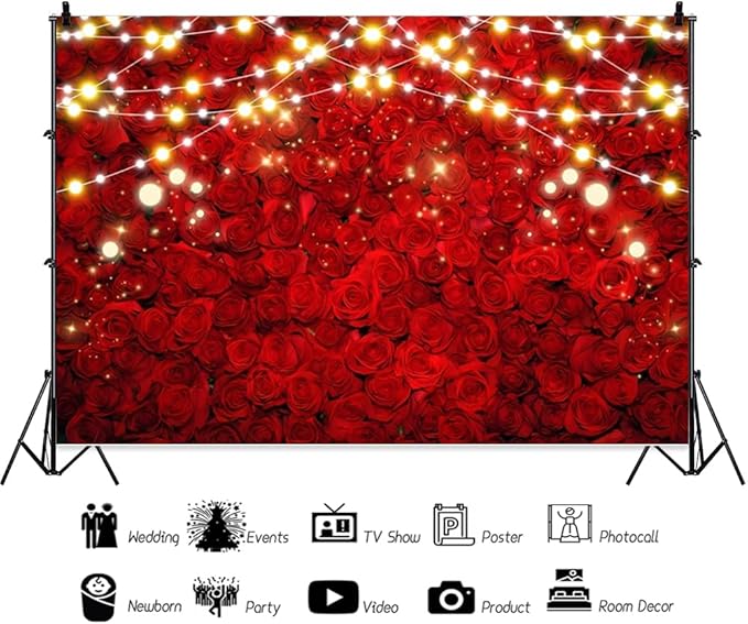 Leowefowa 12x8ft Red Rose Photo Backdrop Romantic Rose Floral Wall Background for Lover Sweet Valentine's Day Wedding Bridal Shower Mother's Day Sweet Party Banner Decor Photo Supplies Prop