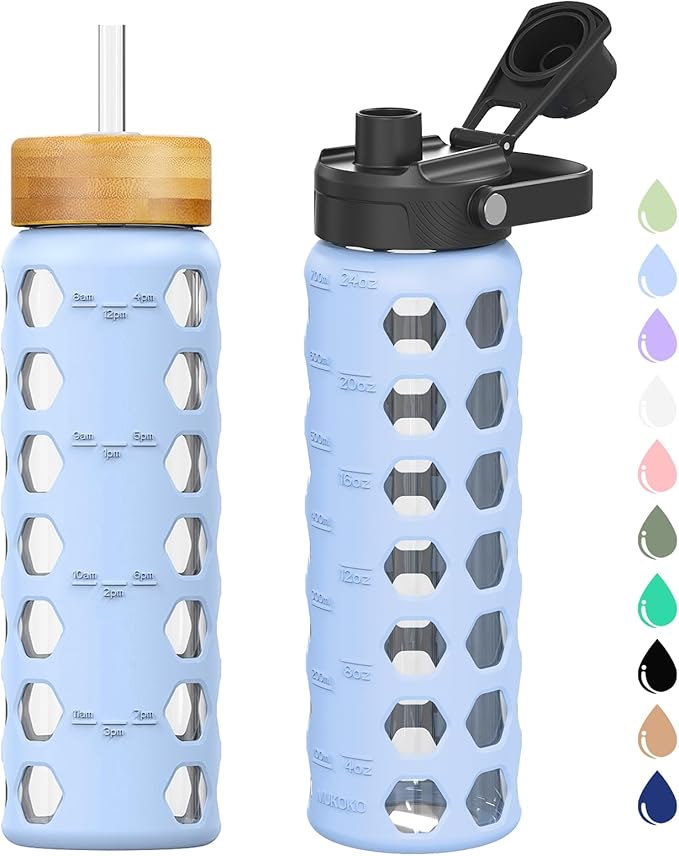 MUKOKO Glass Water Bottles,24oz Glass Tumbler with Straw,Drinking Bottles with 2 Lids-Handle Spout Lid&Bamboo Straw Lid,Motivational Water Bottle with Time Marker and Silicone Sleeve,1 Pack-Glacier