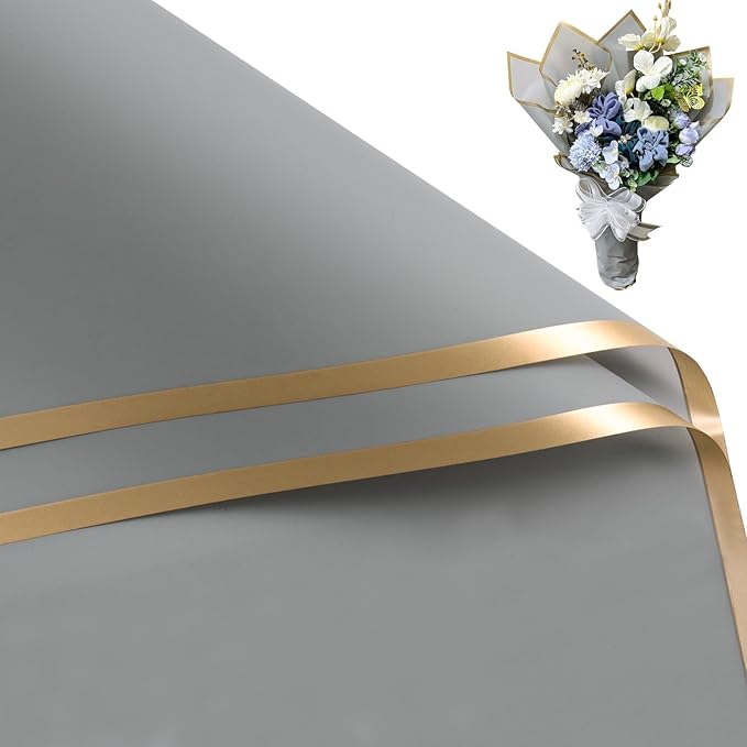 WRAPAHOLIC 20 Sheets Flower Wrapping Paper - 22.4 x 22.4 inch Gold Trim Light Grey Water-Resistant Floral Bouquet Wrapping Paper, Florist Supplies Packaging Paper for Wedding Birthday Gift DIY