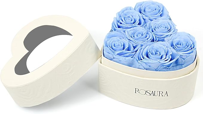 Rosaura Heart-Shaped Preserved Roses Gift Box - Real Forever Flowers for Birthday, Valentine's & Mother's Day (Sky Blue, 7 roses)