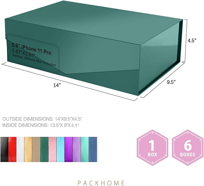 PACKHOME Large Christmas Gift Box with Lid 13.5x9x4.1 Inches, Sturdy Collapsible Gift Box with Magnetic Closure for Xmas (Glossy Dark Green)