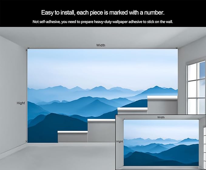 KIREUPA Minimalist Blues Mountain Wall Mural, Misty Layered Hills 3d Wall Murals, Serene Misty Mountains Wallpaper Mural, for Living Room Bedroom Large Wallpaper Indoor Decor 59" W x39.4 H