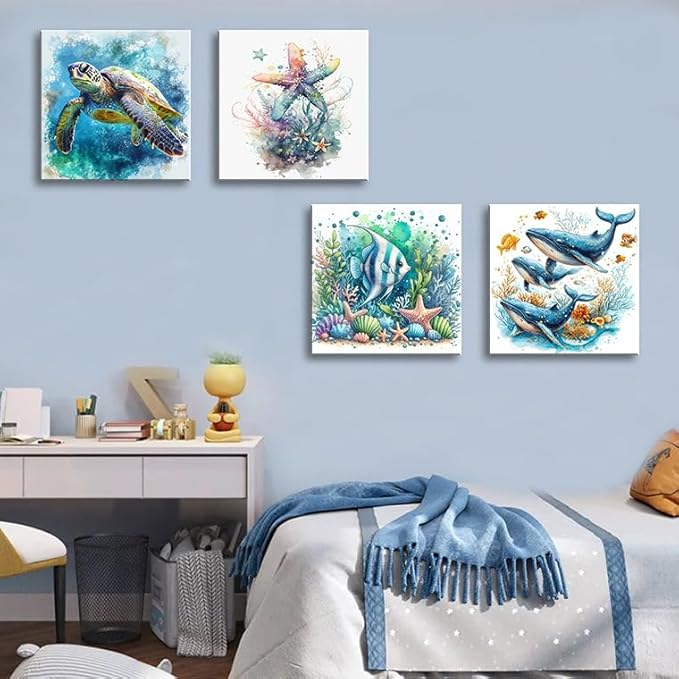 dgbtcart Ocean Wall Art Bathroom Decor – Watercolor Sea Turtle, Starfish Whale Canvas Prints – Coastal Beach Themed 4-Piece Set, 16x16 Modern Nautical Painting for Home, Bedroom, Kids Room