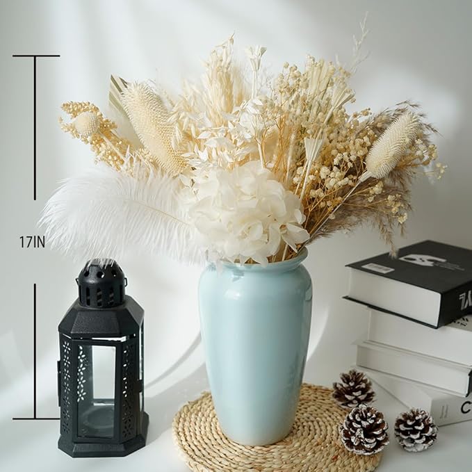Natural Dried Pampas Dried Flower Bouquet, 17 "White Dried Fowers Bouque, Palm Leaf and Hydrangea Combination Bouquet, Boho Home Decor,Suitable for DYI Decorative Dried Flower Arrangements