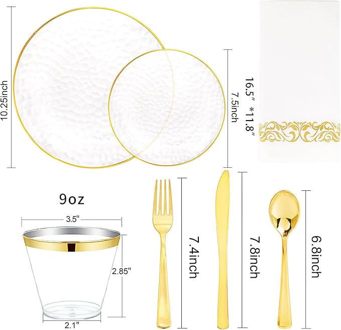 Rubtlamp 350 Pcs Clear Gold Plastic Plates, Hammered Disposable Dinnerware, Clear-Gold Plates Set Include 100 Plastic Platos, 150 Gold Disposable Silverware, 50 Cups And 50 Napkins for Christmas