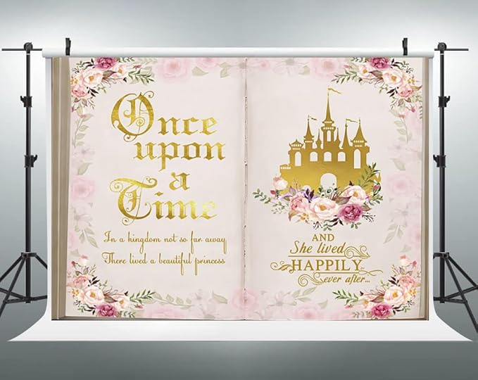 12x8ft Once Upon a Time Backdrop Fairy Tale Books Pink Floral Princess Castle Photography Background Romantic Wedding Birthday Party Banner Decorations Cake Table Decor