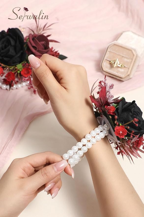Serwalin Black Bungundy Wrist Corsage and Boutonniere Set 2pcs, 6-7inch Boutonniere for Men, Corsage Wristlet Wristband Prom Flower Wedding Flowers Accessories Prom Suit Decorations