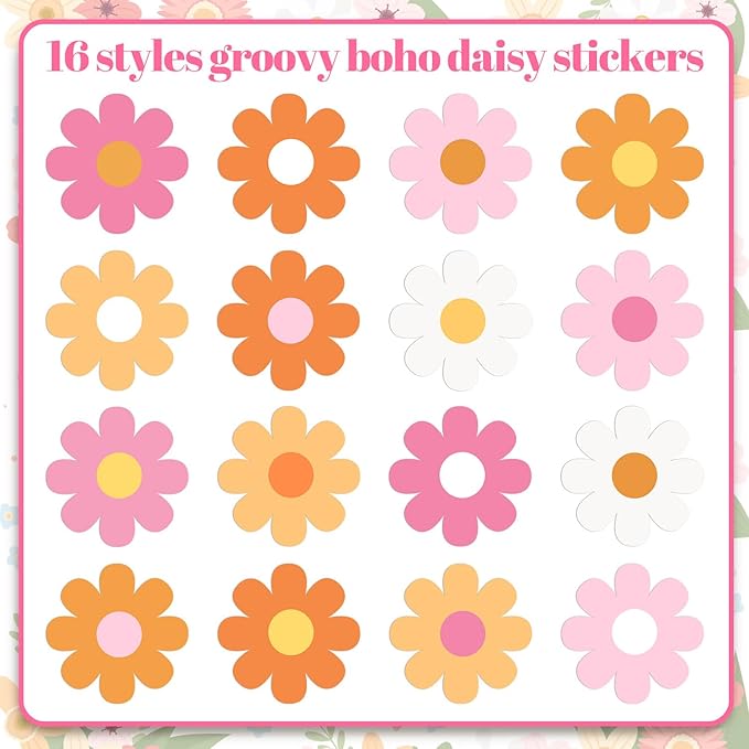 1200 PCS Boho Daisy Stickers Flowers Stickers Retro Daisy Decals 60s 70s Party Favors for Kids Scrapbook Cups Gift Birthday Decor Teacher Reward School Supplies Incentives