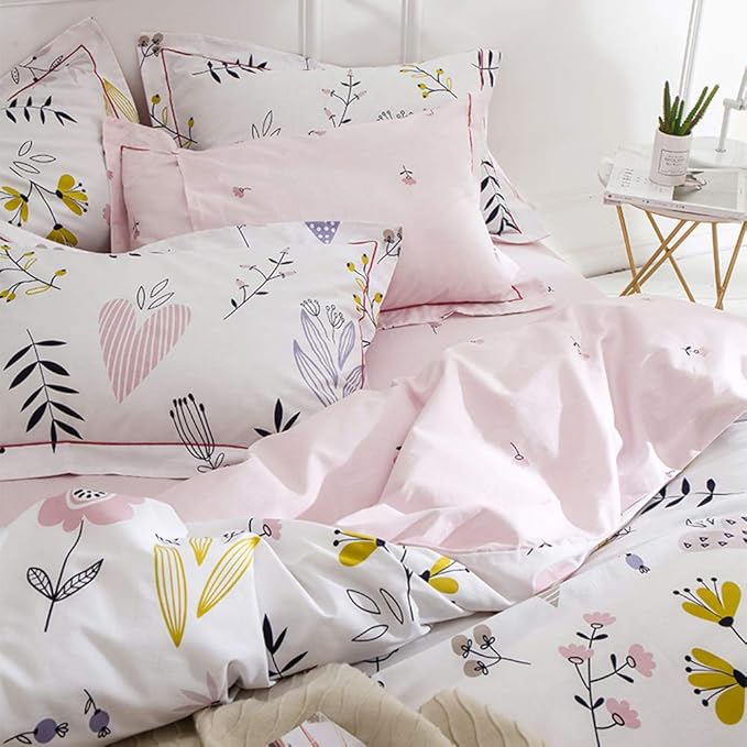 LifeTB Girls Flower Duvet Cover Twin XL Boho White Pink Floral Bedding Sets Aesthetic 100% Cotton Comforter Cover Cute Branches Flower Bedding Sets Pink Floral Twin XL Duvet Cover with 2 Pillowcases