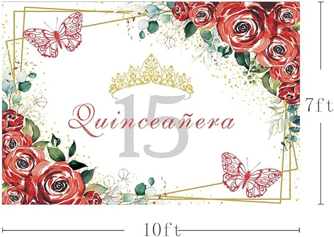 SENDY 10x7ft Quinceañera Backdrop Mis Quince 15 Anos Birthday Party Decoration Supplies for Girl Princess Red Floral Flowers Butterfly Gold Crown Photography Background Banner Photo Booth Studio Props
