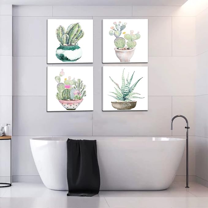 Succulent Plants Bathroom Decor Wall Art, Green Cactus Pictures Canvas Print, Botanical Paintings for Bedroom Living room Office Decoration - 20" X 20"