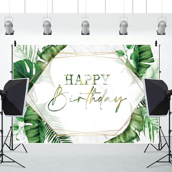 ChloropLastid 5x3ft Tropical Happy Birthday Backdrop Summer Green Palm Leaf Photography Background Hawaiian Birthday Party Banner Decorations for Men Women Portrait Photoshoot Props Supplies