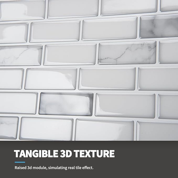 Art3d 10-Sheet Peel and Stick Backsplash Tile in White Marble, Self-Adhesive Wall Tiles Stick on Kitchen Laundry Room RV Renter - 12 x 12 Inch