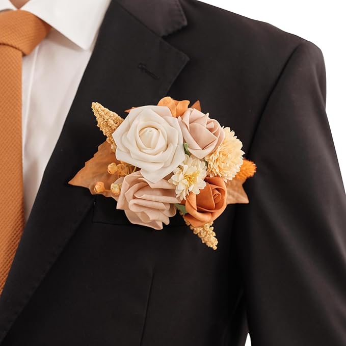 TINGE TIME Single Pocket Boutonniere for Man Groom, Best Man Boutonniere for Wedding, Prom, Homecoming, Anniversary, Graduation, Christmas Dinner(BurntOrange)
