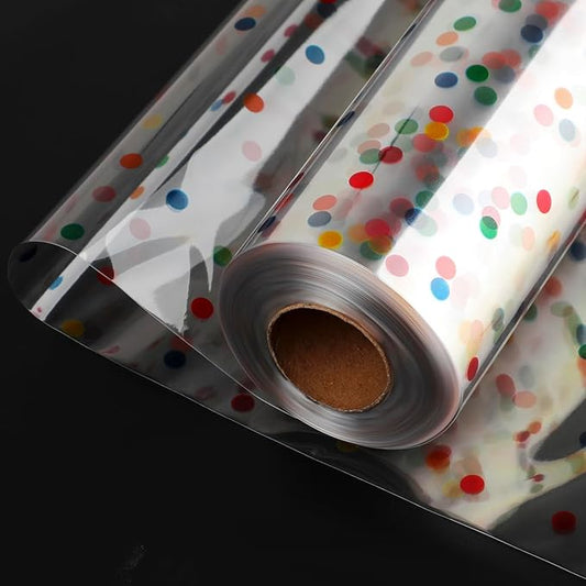 Clear Cellophane Wrap Roll, 100 Ft x 34 In Colourful Dot Florist Paper Wrapper, Transparent 3Mil Thicker Cellophane Roll, Gift Baskets Wrap Cellophane Film for Gifts, Flowers, Christmas Wrapping