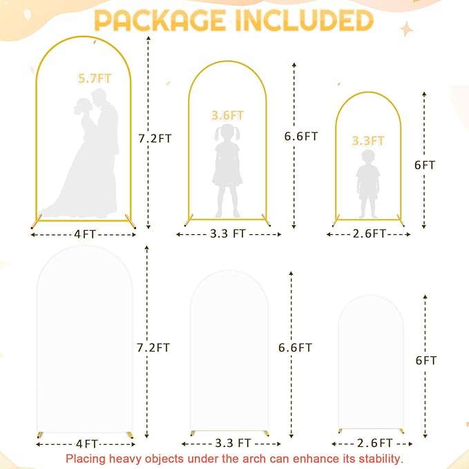 7.2FT,6.6FT,6FT Arch Backdrop Stand and Cover Set of 3 White Spandex Fitted Backdrop Cover Wedding Party Balloon Arch Stands Metal Arched Frame with Arch Covers for Birthday Baby Shower Ceremony Decor