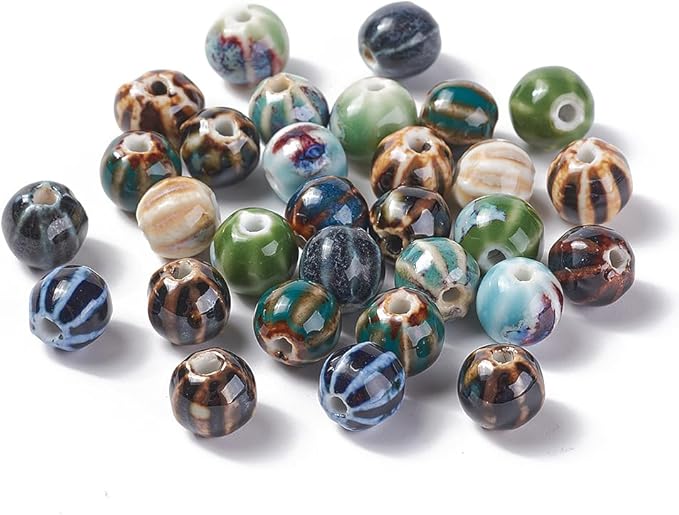 Beadthoven 100pcs Round Ceramic Beads 10mm Chunky Porcelain Beads for Jewelry Making Colorful Printed Vintage Handmade Chinese Ceramic Spacers Boho Jewelry Supplies for Bracelets Necklace Keychain DIY