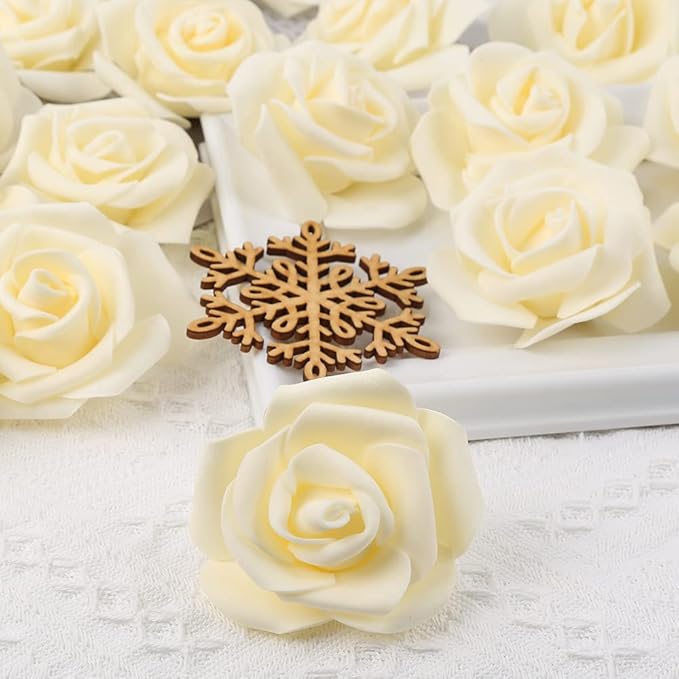 IPOPU Artificial Rose Flower Heads, 100 Pcs Real Looking Creamy Yellow Foam Fake Roses for DIY Wedding Baby Shower Centerpieces Arrangements Party Tables Home Decorations (Cream Yellow, Stemless)