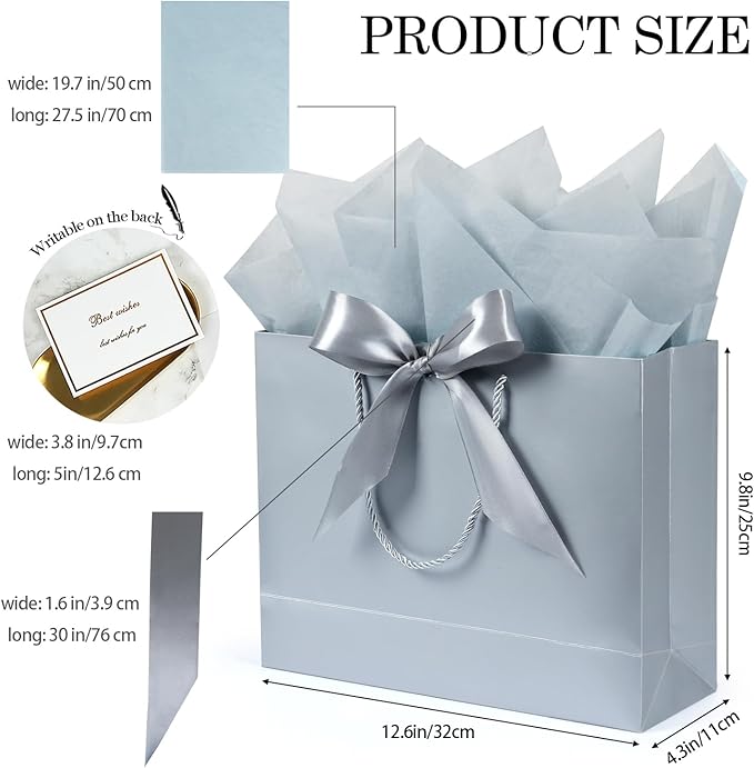 Large Gift Bags, 2PCS Gift Bags with Handle Tissue Paper Greeting Card, 13’’ Portable Birthday Gift Bag Set, Silver Present Bags for Birthday Party Favor Wedding Baby Shower Father’s Day, 13x10x4inch