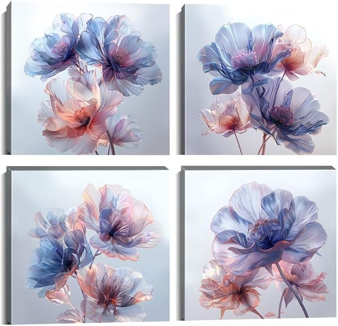 Pankila Canvas Flowers Wall Art Blooming Flowers Pictures Prints Blue Pink Flower Wall Decor for Living Room Bedroom Bathroom Home Decorations Painting Framed Artwork (16''W x 16''H x 4)
