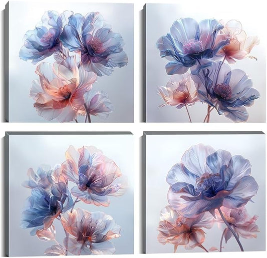 Pankila Canvas Flowers Wall Art Blooming Flowers Pictures Prints Blue Pink Flower Wall Decor for Living Room Bedroom Bathroom Home Decorations Painting Framed Artwork (20''W x 20''H x 4)