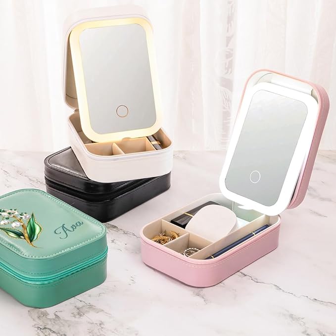 callie Personalized Birth Flower Jewelry Box with Mirror & LED 3 Adjustable Light, Custom Name - Travel Makeup Box Organizer, Birthday Christmas Gift for Women Girls