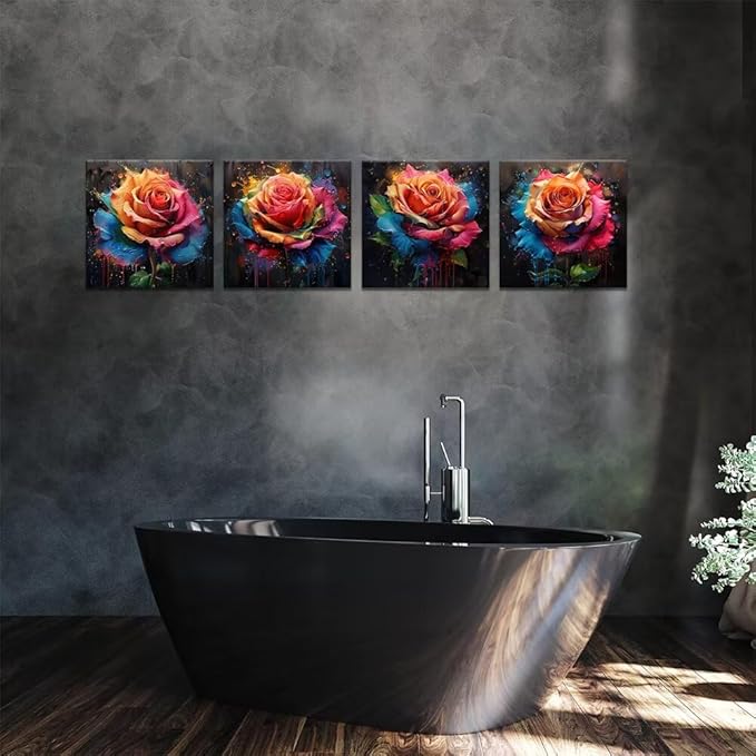Pankila Colorful Rose Wall Art Floral Pictures Canvas Prints Abstract Rose Flower Wall Decor for Living Room Bedroom Bathroom Home Decorations Framed Artwork Ready to Hang (24''W x 24''H x 4)