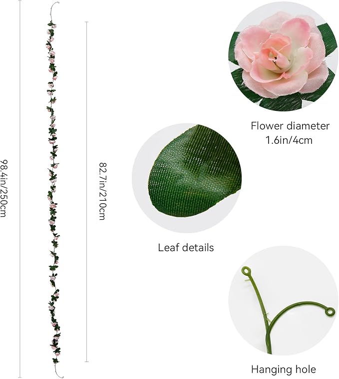 12 PCS 98.4 FT Artificial Flower Garland Rose Garland for Wedding Room Decor（12,Light Pink）