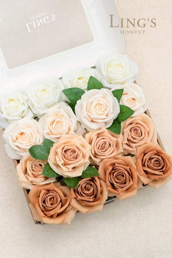 Ling's moment Artificial Flowers, 16pcs Burnt Orange Ombre Faux Silk Roses with Stems, 3.5" Fake Terracotta Flowers Bulk for DIY Wedding Bouquets Centerpieces Party Baby Shower Home Decoration