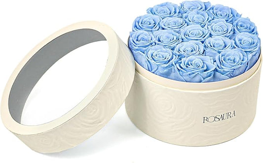 Rosaura Round Preserved Roses Gift Box - Real Forever Flowers for Birthday, Valentine's & Mother's Day (Sky Blue, 17 Roses)