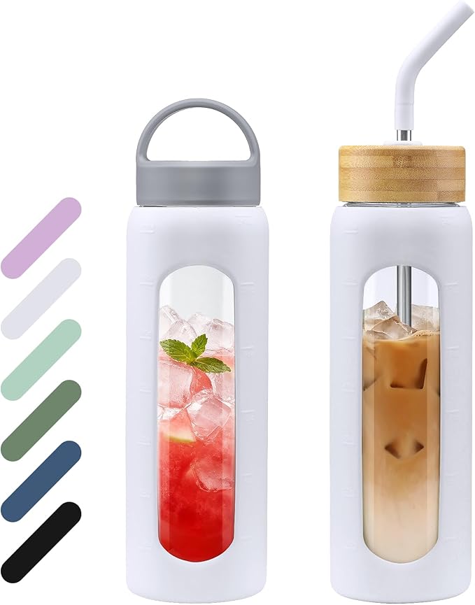 24 oz Glass Water Bottle, Glass Tumbler with Straw, Reusable Drinking Bottles with 2 Lids-Handle Lid&Bamboo Straw Lid, Silicone Sleeve, for Sports, Home,1 Pack-White