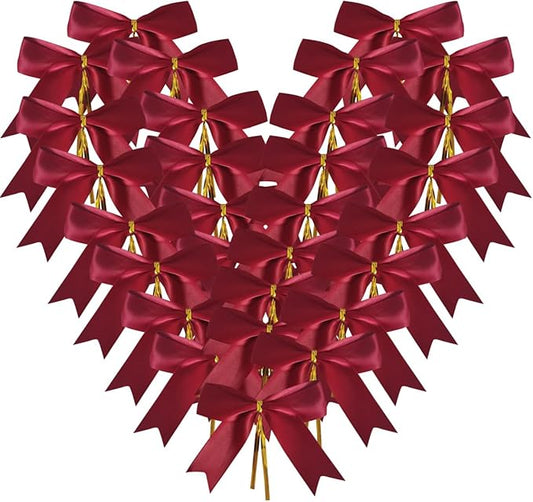 50pcs 3-1/2" Burgundy Twist Ties Satin Wine Color Bows with Twist Tie Bows Fish Tail Cutting(Burgundy)