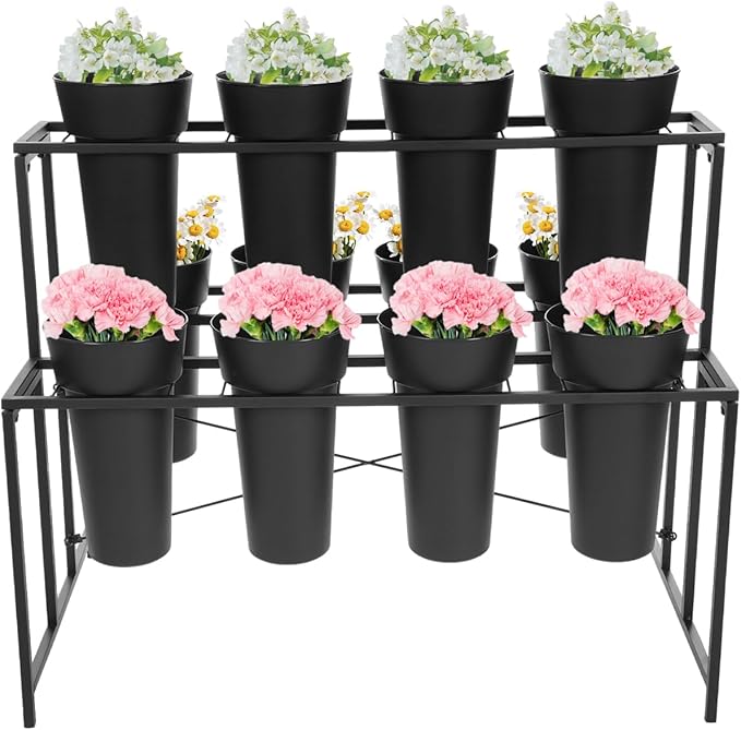 Flower Display Stand with 12 Pcs Buckets 3 Layers Metal Plant Stand Plant Cart Shelf Flower Bucket Rack Stand for Indoor Florist Garden Patio (Black Stand-Black Round Buckets)