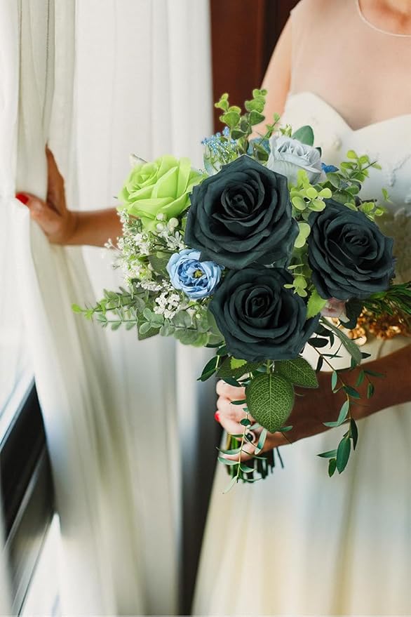 12pcs Artificial Rose Flower Dark Green Rose Emerald Green Flower with Long Stem Silk Roses Bouquet for Wedding Bridal Shower Party Home Decoration