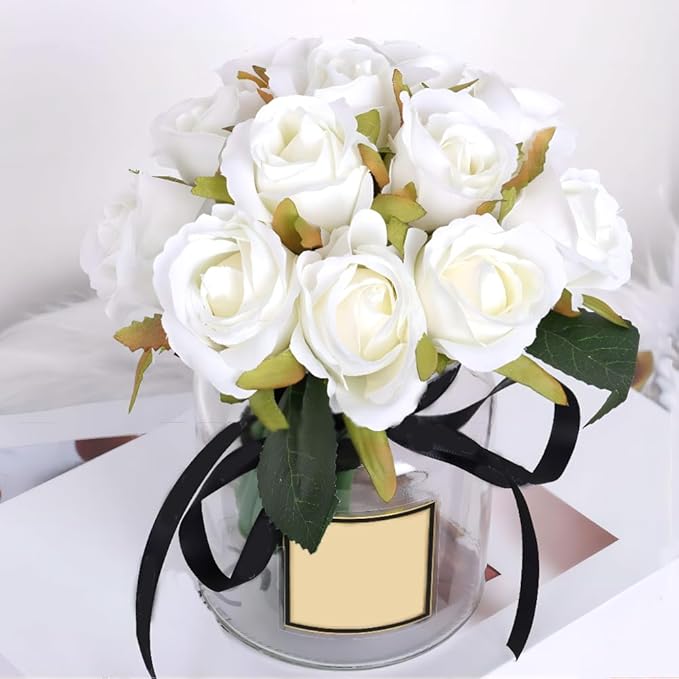12pcs Artificial Roses Single Stem Fake Silk Flower Arrangement Bridal Bouquet Real Touch for Home Party Wedding Decoration Without Vase (White)