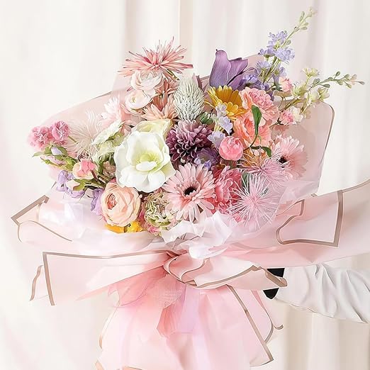 Jutieuo 20 Sheets Pink Flower Wrapping Paper, Waterproof Floral Wrap Gold Edge Bouquet Wrapping Paper Florist Supplies (22.8 x 22.8 inch)