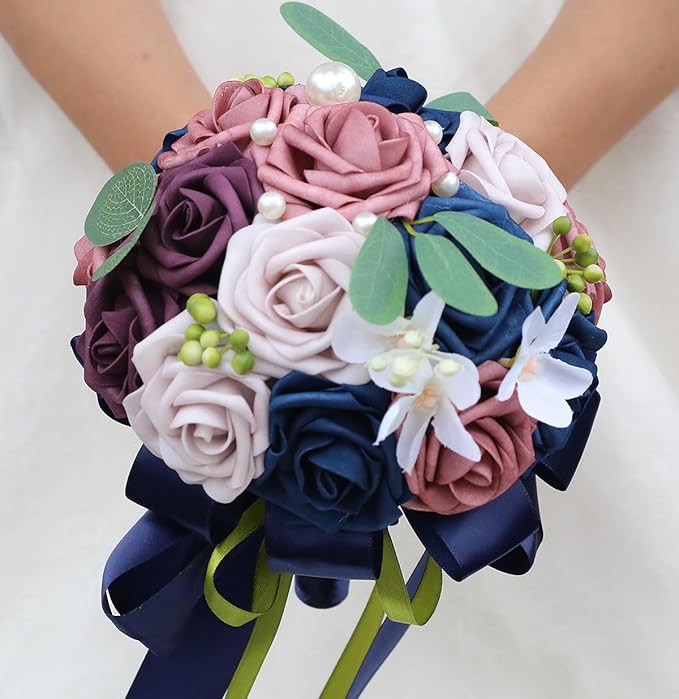 Lightweight Bridal Wedding Bouquet Round Holding Bouquet Throw Toss Artificial Rose Flower Bunch for Bride Bridesmaid Wedding Quinceanera (Navy, Smoky Rose, Light Taro & Dark Puce, 9.1")