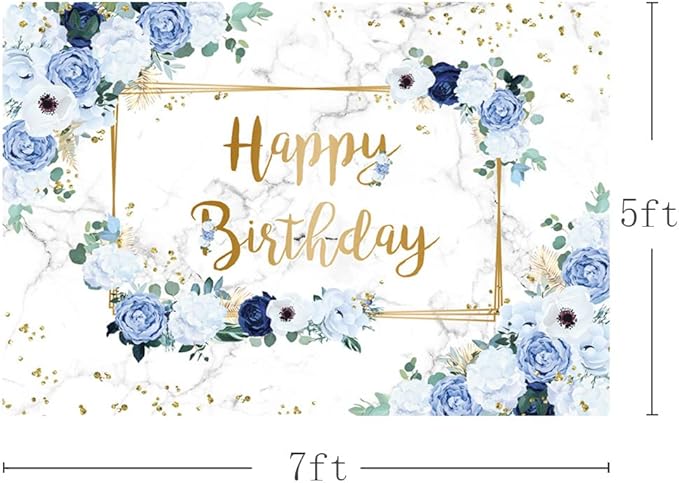 MEHOFOND 7x5ft Happy Birthday Backdrop Blue and White Flowers Bday Photography Background Girls Geometric Gold Glitter Dots Birthday Floral Party Decorations Cake Smash Decor Studio Photo Props
